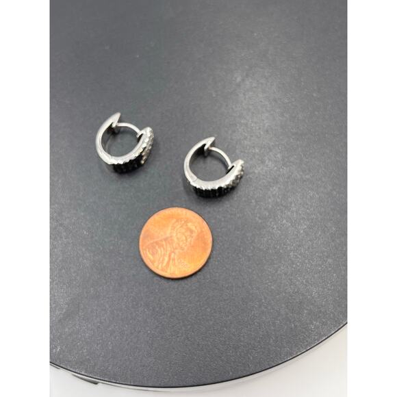 Sterling Silver Designer Signed Huggie Hoops Black and Clear CZ Earrings - Picture 7 of 9